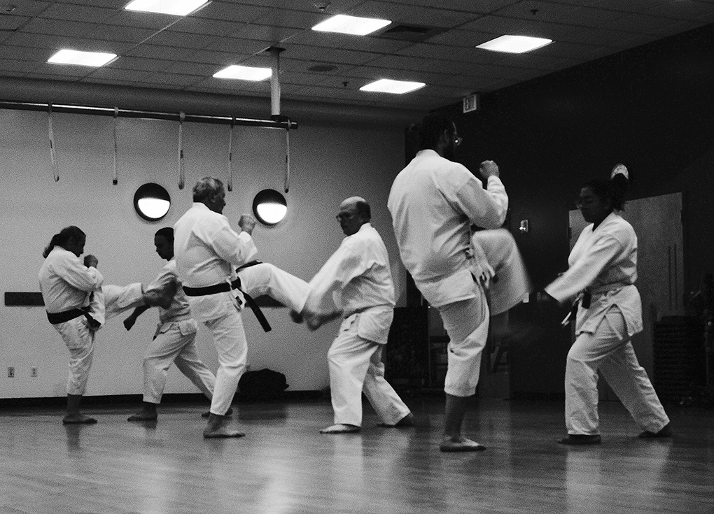 Students in this black and white photo practice karate kicking and blocking drills. They are lined up two-by-two and one side kicks while the other side blocks.