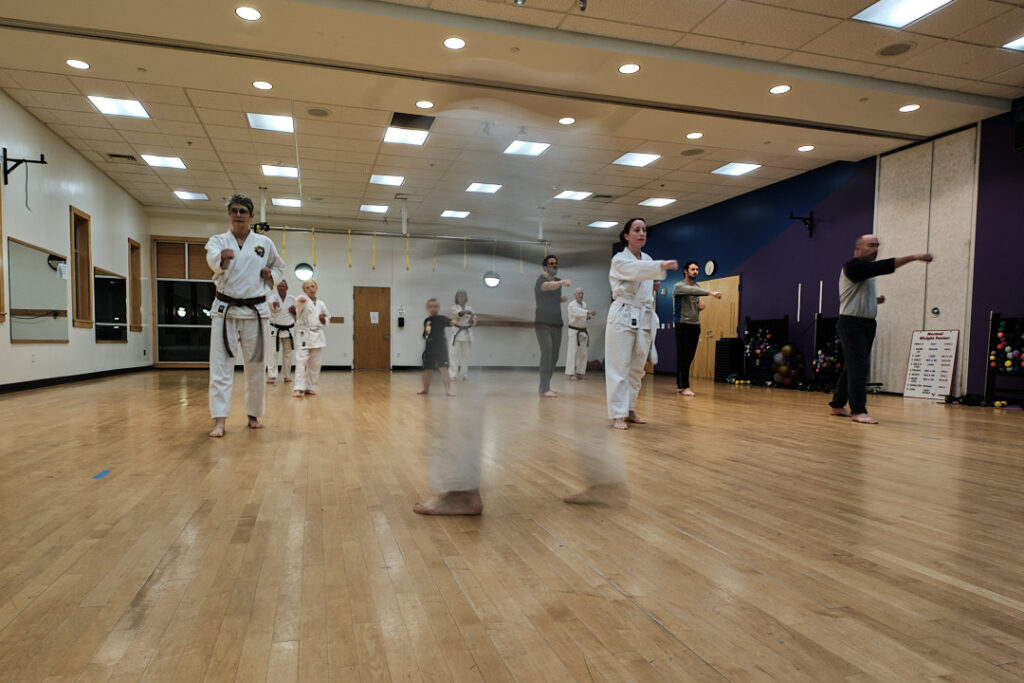 Karate students are lined up facing the front of the dojo, and are practicing straight punches. Sensei Troup is barely visible in front of the class, appearing blurry do to his movements.