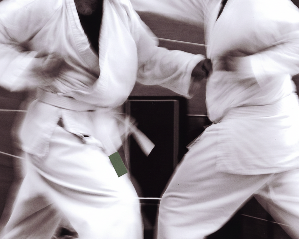 Two karate students face each other one punching the other. Only the torsos, arms and legs are visible.
