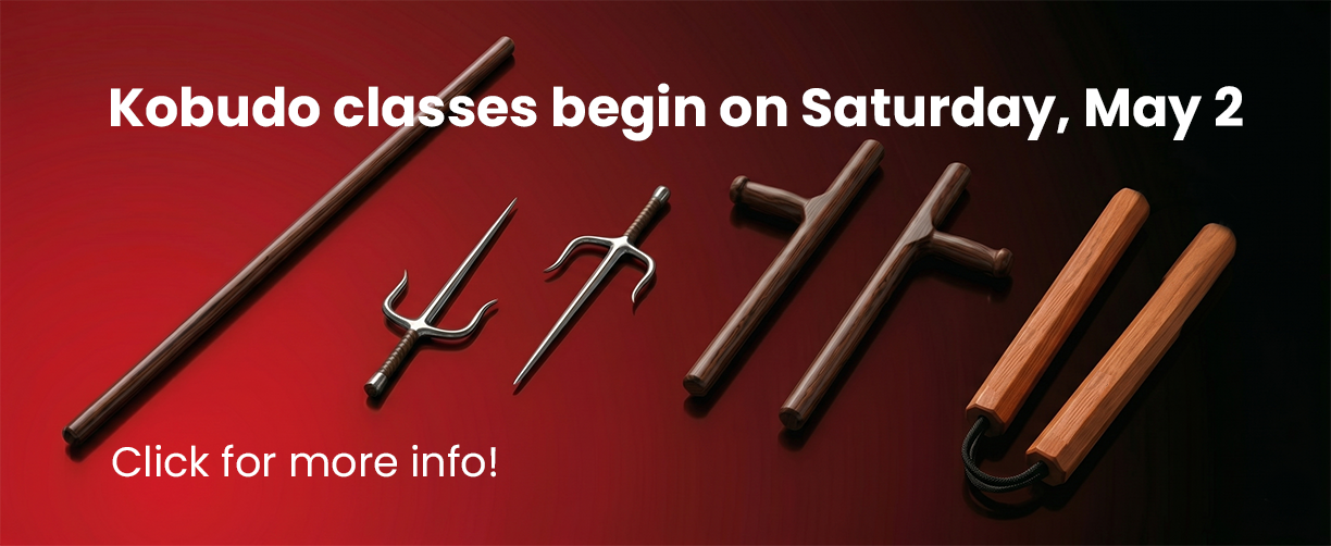 Four kobudo weapons from left to right: Bo, Sai, Tonfa, and nunchaku on a red to black gradient