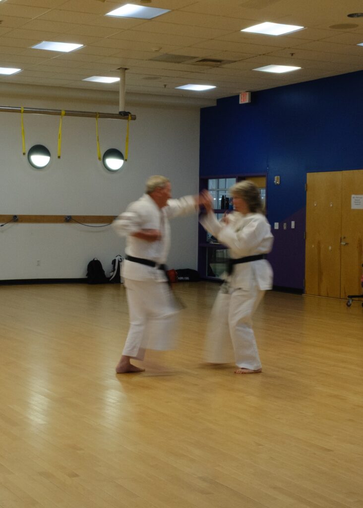 Two karate students practice sparring in a blurry action shot