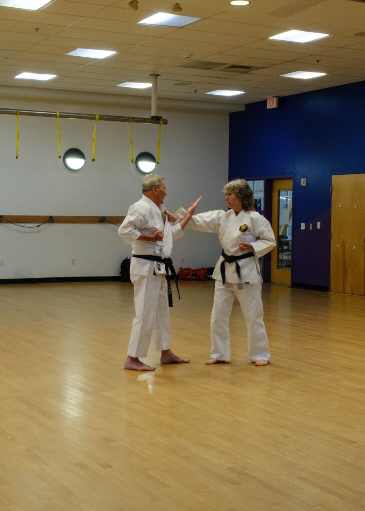 Two karate students practice Yakusoku kumite